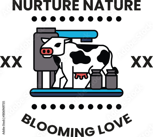 A black and white image of a cow with a milk machine