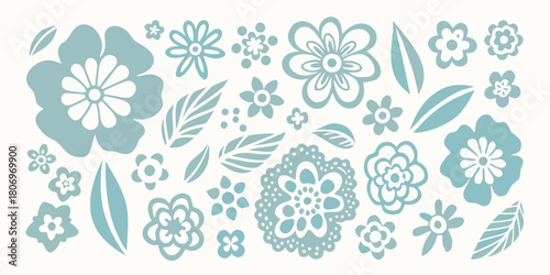 Floral vector pattern with flowers and leaves in blue tones