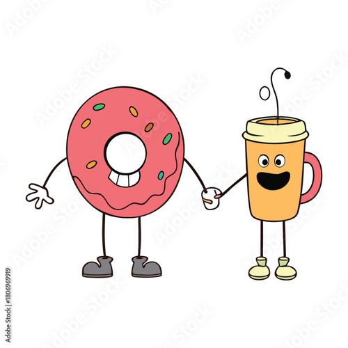 A playful cartoon scene with a cheerful coffee cup and a smiling donut, sharing laughs, bright colors, and whimsical expressions that spark joy and sweetness everywhere.
