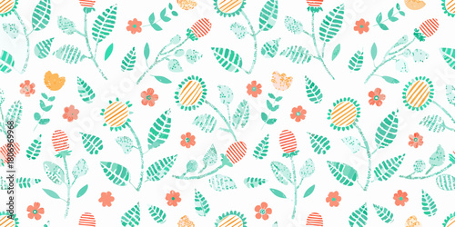 Whimsical floral pattern with hand drawn style flowers and leaves