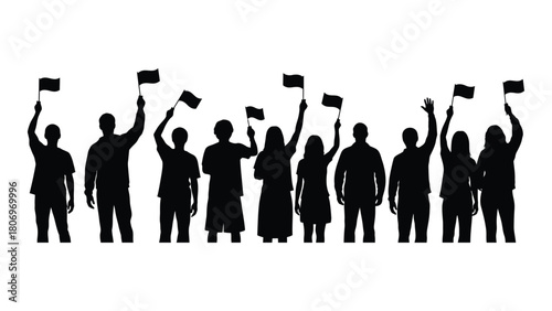 Crowd silhouettes waving flags isolated on white background, Vector