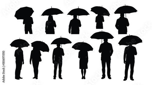 People with umbrellas silhouettes isolated on white background, Vector
