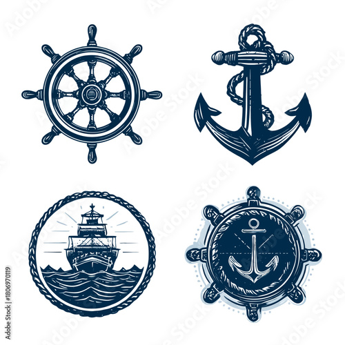 Nautical illustrations of boat steering wheel, anchor, and ship