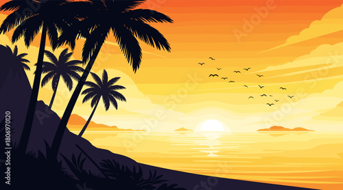 Bright tropical sunset with palms and distant islands. Soft gradients create warm peaceful evening atmosphere. Flying birds add gentle motion to the calm horizon