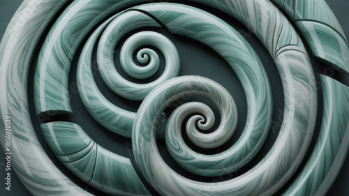 Intricate Layered Māori Koru Spirals Carved in Polished Grey Stone with Ocean Green Tones