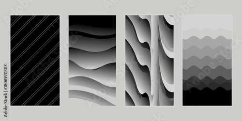 Four abstract black and white backgrounds with stripes and waves