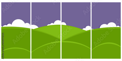 Cartoon landscape with green hills white clouds and purple sky