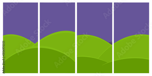 Abstract green hills landscape with purple sky in four vertical panels