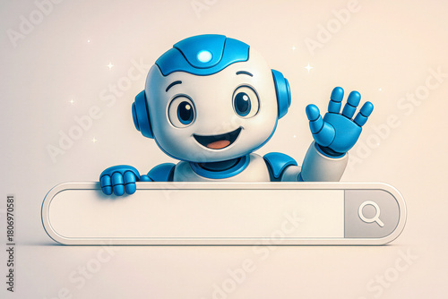 A cheerful digital illustration of a cute blue-and-white AI robot character waving above a blank search bar, creating a friendly and approachable visual ideal for chatbots, kids’ educational platforms