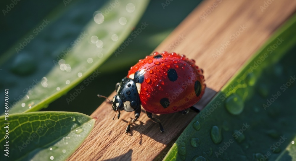 Obraz premium Red ladybug with water drops on its shell resting on wooden plank near green leaves. Nature macro shot for insect and spring concept background.