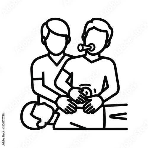 Line art icon of two people, one performing cpr on another, isolated on