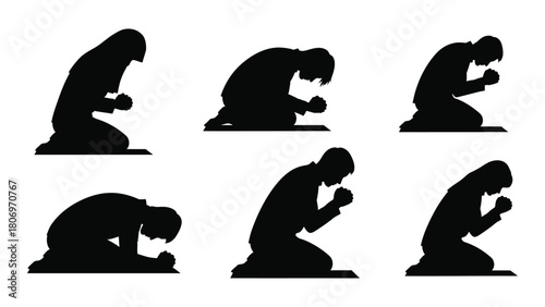 Silhouettes of people kneeling in prayer isolated on white background, Vector