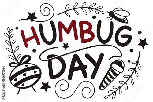 Humbug Day Vector Illustration, Grumpy Holiday Character and Stressful Christmas Elements Isolated on White Background