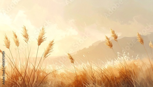 Golden Field of Reeds - A Serene Landscape Painting.