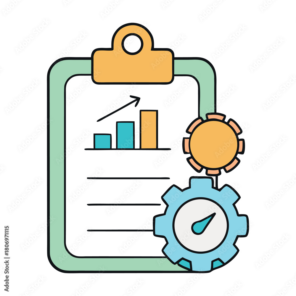Obraz premium A sleek productivity icon symbolizing efficiency and focus, featuring a checklist, gear, and upward arrow, representing progress, tasks, and time management. 