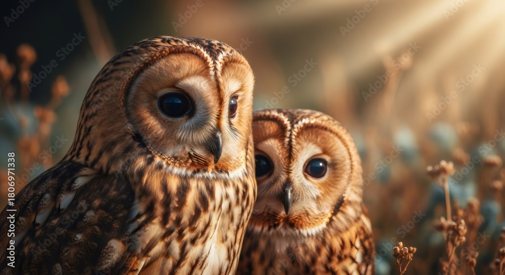 Naklejka premium Two owls looking at camera in a warm outdoor setting. Animal friendship and wildlife concept. Nature photography for animal lovers.