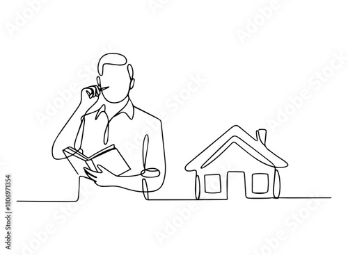 One line drawing of a real estate agent with a notebook and a house. Minimalist continuous line property illustration isolated on white background.