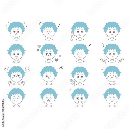 青い髪の男の子の表情違いの顔