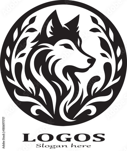 Black and white vector logo of a fierce wolf head surrounded by stylized leaves and vines, enclosed in a circle