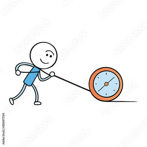 A stickman strains to pull back time, gripping a giant clock hand with determination. Lines of motion swirl around him as he fights to reverse the ticking flow of moments.

