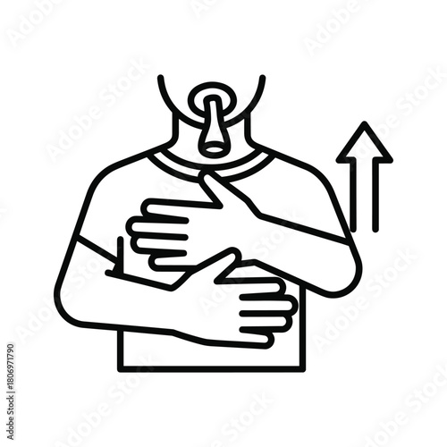 Icon representing breathing exercises or respiratory therapy, with hands on chest and an upward arrow, isolated on