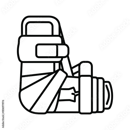Line art icon of a medical walking boot or orthopedic cast for ankle or foot injury, isolated on