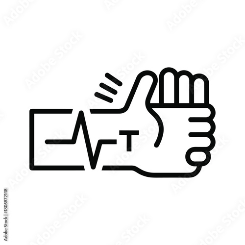 Line art icon combining a heartbeat ekg line with a thumbs up hand gesture, isolated on