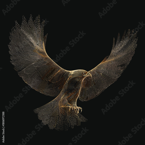 Eagle in flight with outstretched wings against black