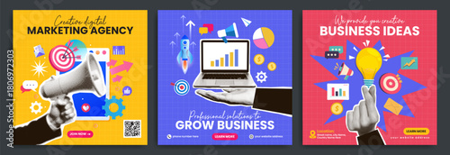 Corporate business marketing social media post template with halftone hand sticker, finance icon and infographic. Online promotion digital banner with light bulb idea, computer and megaphone symbol.