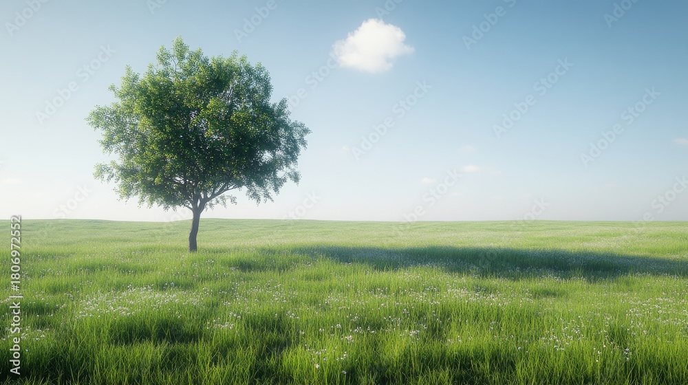 Obraz premium Fresh grass field with single wild tree