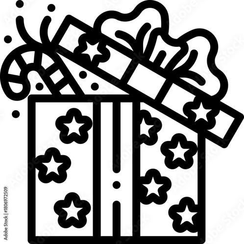 Outline icon of an open Christmas gift box with stars, ribbon and candy cane.
