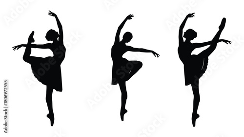 Three ballerina silhouettes in ballet poses isolated on white background, Vector