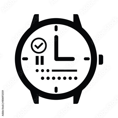 Clock face with checkmark and roman numerals indicating time or schedule