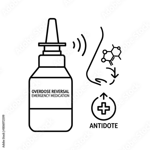 Nasal spray for overdose reversal with antidote symbol and chemical structure