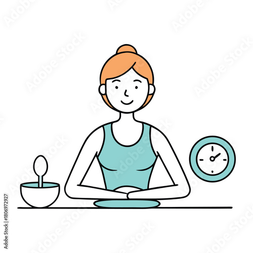 A focused woman tracks her eating window, sipping water as she practices intermittent fasting. Calm and disciplined, she balances wellness, timing, and mindful daily routines.”