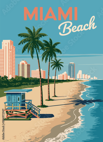 Miami beach poster featuring city skyline, lifeguard house, coastline, surf, and ocean waves, vintage vector illustration perfect for travel wall art and home decor.