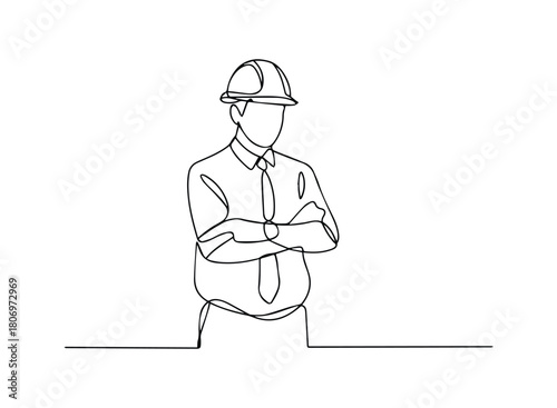 One line drawing of a construction supervisor with folded arms. Minimalist continuous line engineer illustration isolated on white background.