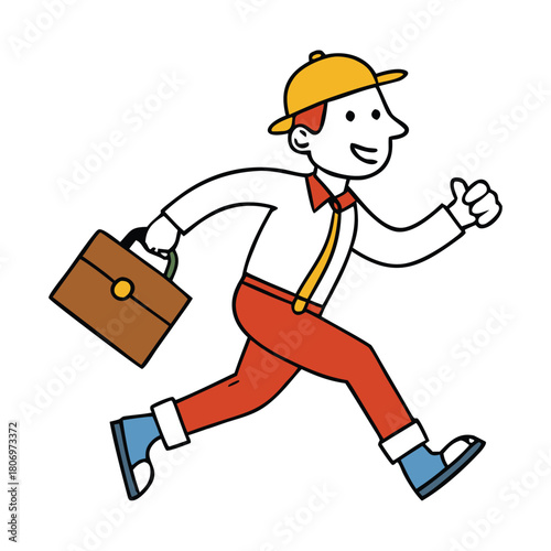 A hurried worker dashes forward, clutching his briefcase as papers flutter behind him. His determined stride and focused expression capture the rush of a busy day in motion.
