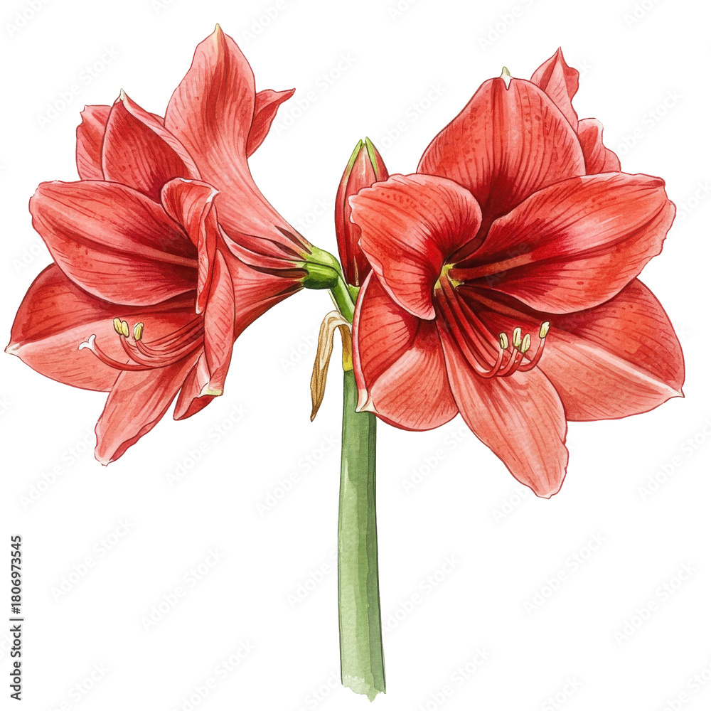 Fototapeta premium Delicate watercolor illustration of a red hippeastrum flower isolated on white background