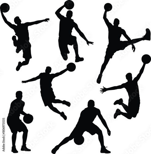 Basketball player silhouette set, dynamic action poses, sports movement icons, athlete dribbling and dunking, flat vector illustration, isolated design