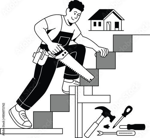 Construction worker, handyman, staircase building, home improvement, carpentry tools, house repair, DIY project, skilled labor, renovation scene – flat vector illustration