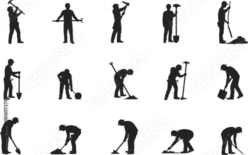 Construction workers silhouettes, manual labor poses, industrial tools, digging, lifting, hammering, wrenching, vector icons set, flat vector illustration
