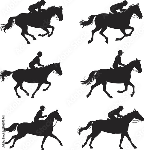 Horse racing silhouettes, jockey gallop motion, equestrian sport action, dynamic stride poses, black vector horses, flat vector illustration