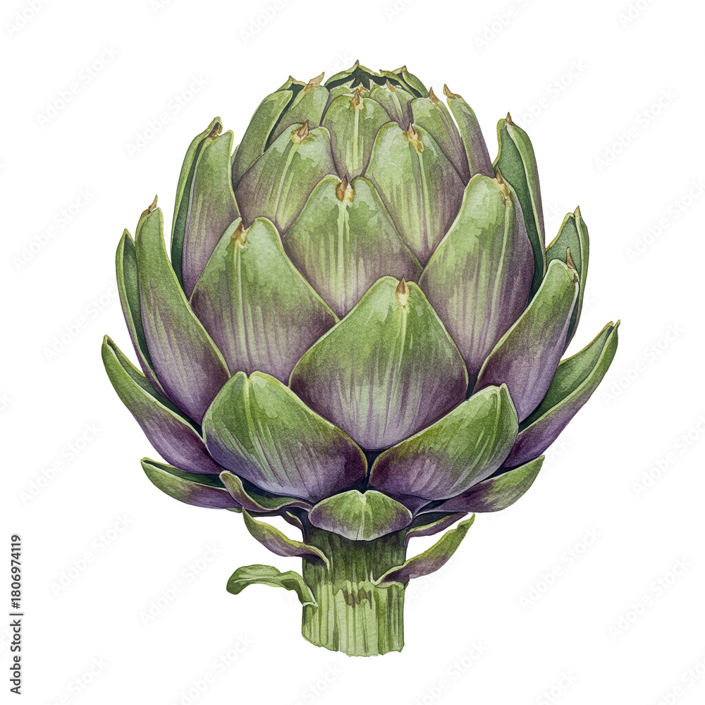 Obraz premium Watercolor painting of a single artichoke with purple undertones isolated on white background