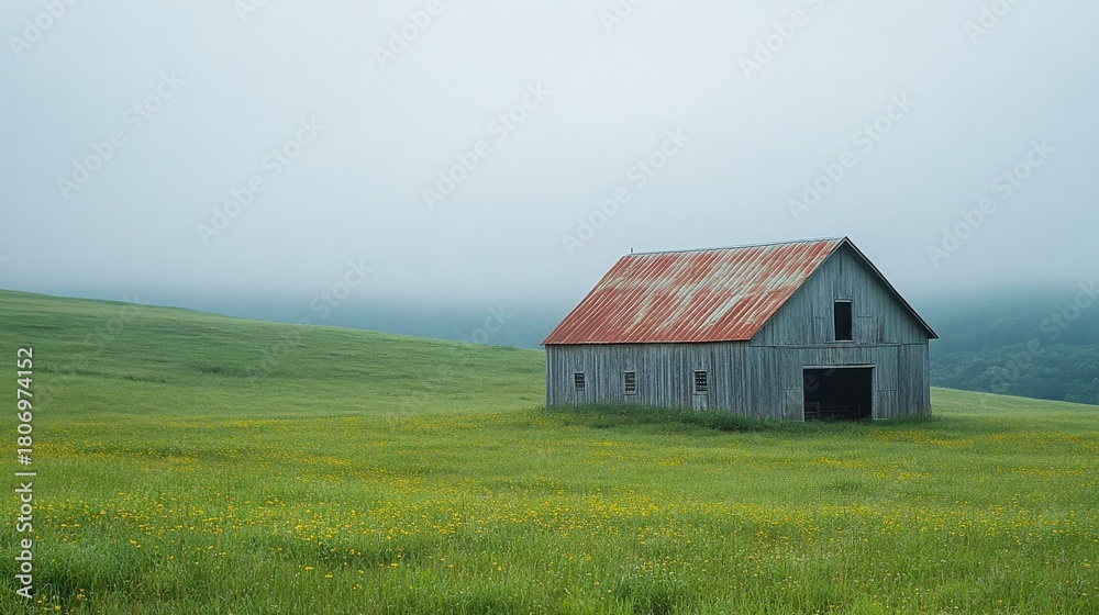 Obraz premium Isolated barn in middle of green land 
