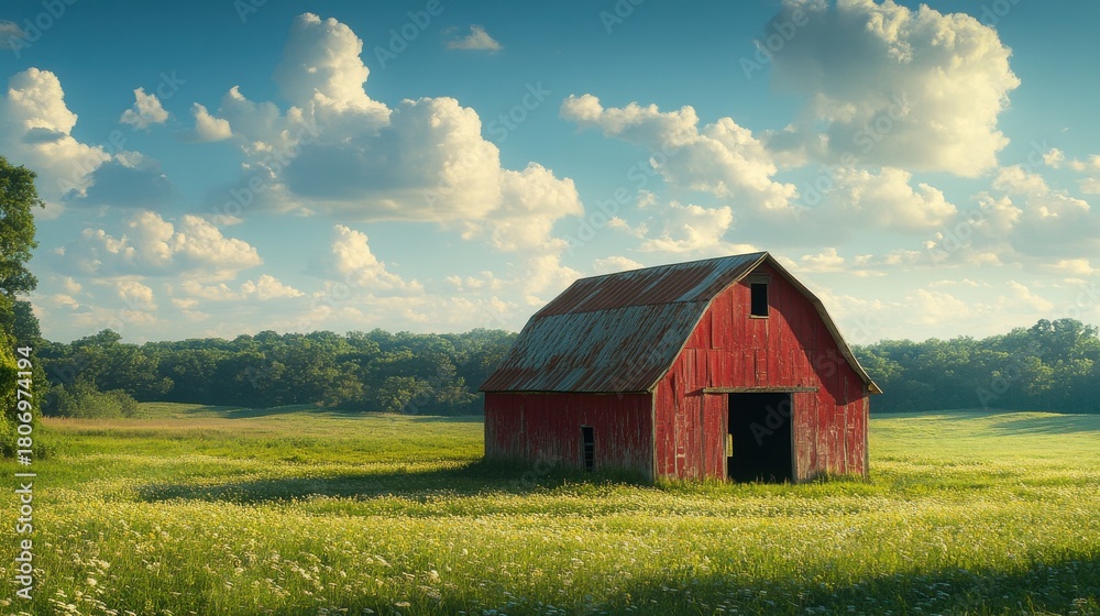 Fototapeta premium Isolated barn in middle of green land 