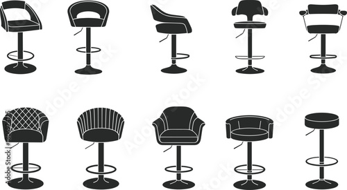 Modern bar stool collection, adjustable seating, interior furniture set, stylish chairs, home decor elements, flat vector illustration, isolated icons
