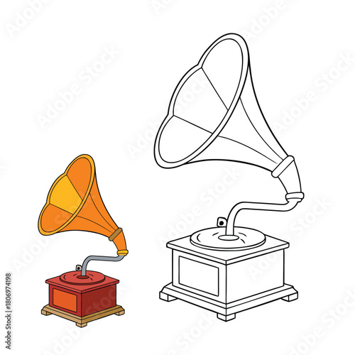 A vintage gramophone coloring page featuring a classic horn speaker, ornate base, and detailed grooves invites creativity. Perfect for adding retro charm with bold, nostalgic shades.

