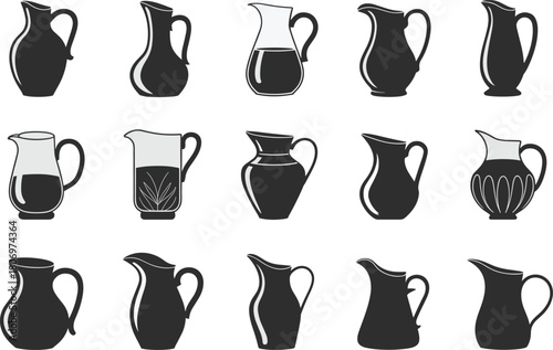 Stylized pitcher silhouettes and transparent jug designs, diverse kitchen container shapes, spout and handle variations, decorative flat vector illustration