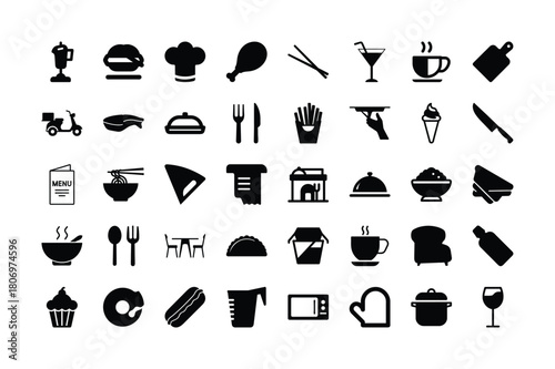 Food and drink black silhouette icons on transparent background